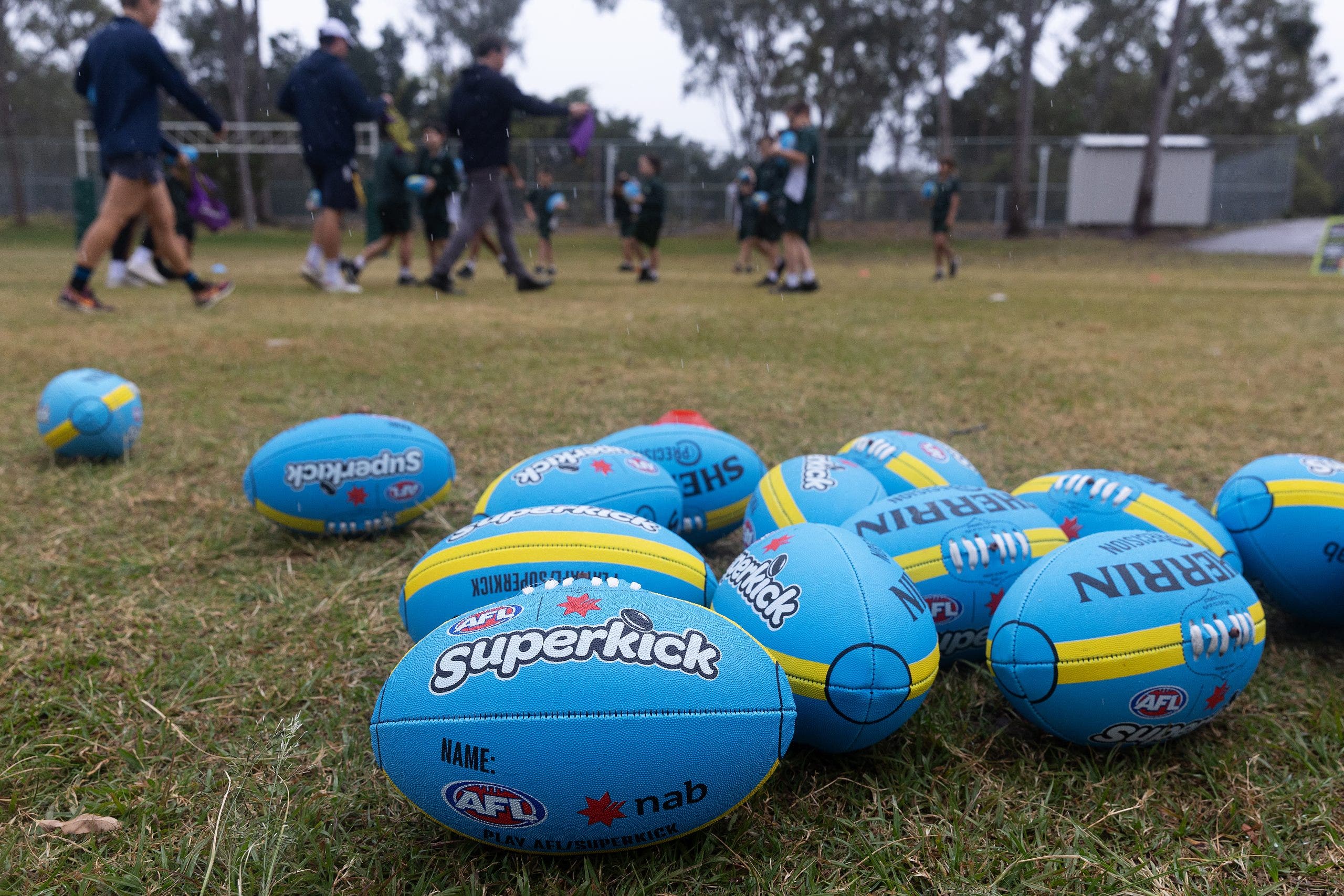 GOLD COAST, AUSTRALIA – AUGUST 13: Superkick AFL footballs are seen during the NAB AFL Auskick Launch on August 13, 2024 in Gold Coast, Australia. (Photo by Russell Freeman/AFL Photos/via Getty Images)