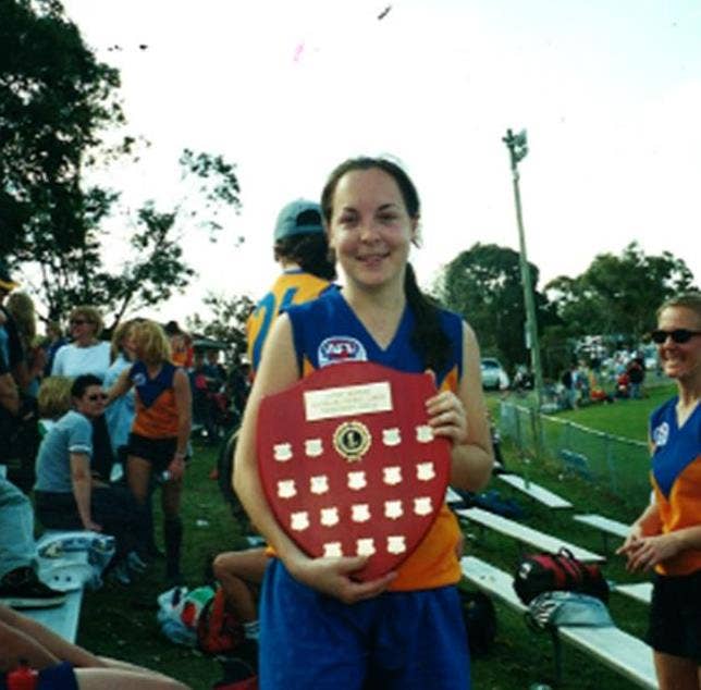 Mel Hyland in 2001 with SWAFL premiership shield