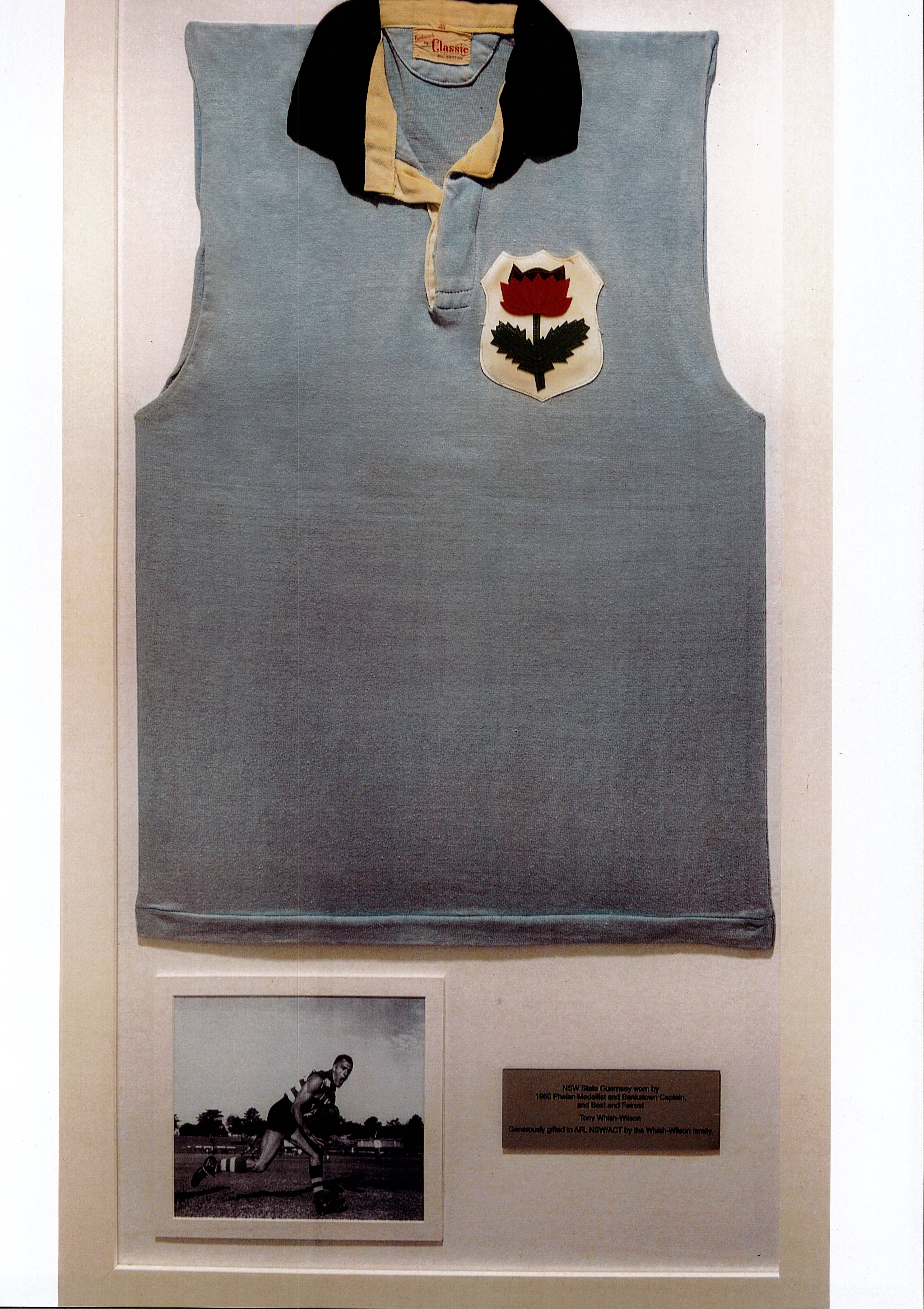NSW State Guernsey worn by 1960 Phelan Medallist and Bankstown Captain, and Best and Fairest, Tony Whish-Wilson. Generously gifted to AFL NSW/ACT by the Whish-Wilson family.